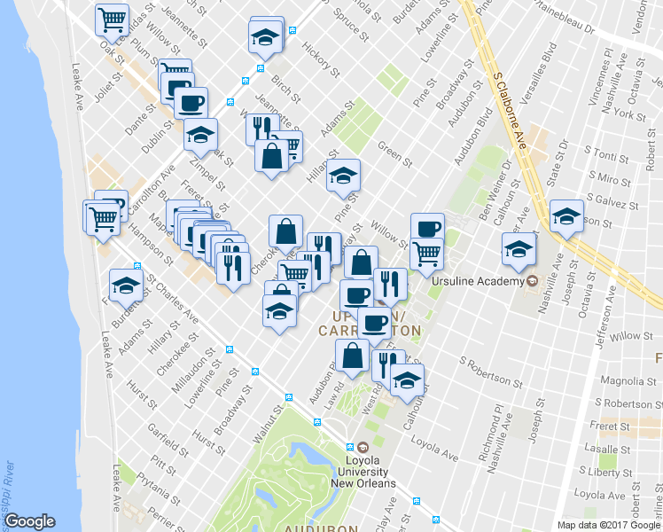 map of restaurants, bars, coffee shops, grocery stores, and more near 1101 Broadway Street in New Orleans