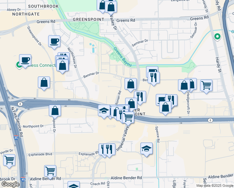 map of restaurants, bars, coffee shops, grocery stores, and more near 1040 Ronan Road in Houston