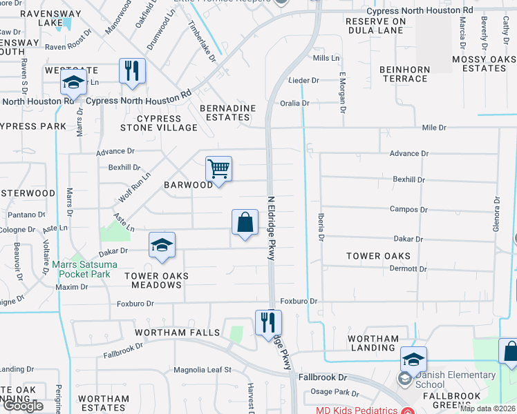 map of restaurants, bars, coffee shops, grocery stores, and more near 12406 Pantano Drive in Houston
