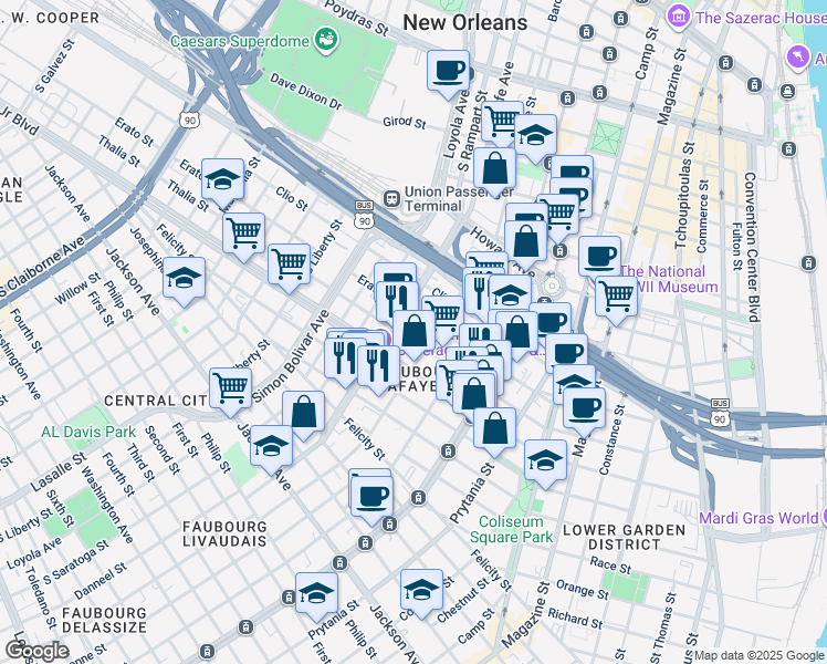 map of restaurants, bars, coffee shops, grocery stores, and more near 1801 Thalia Street in New Orleans