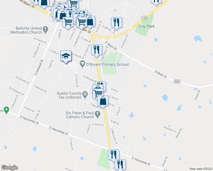 map of restaurants, bars, coffee shops, grocery stores, and more near 912 East First in Bellville