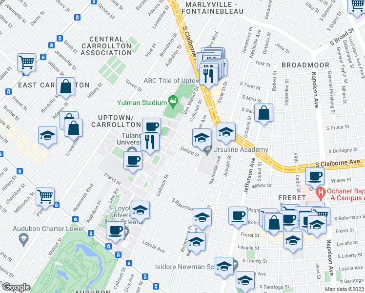 map of restaurants, bars, coffee shops, grocery stores, and more near 2601 Calhoun Street in New Orleans