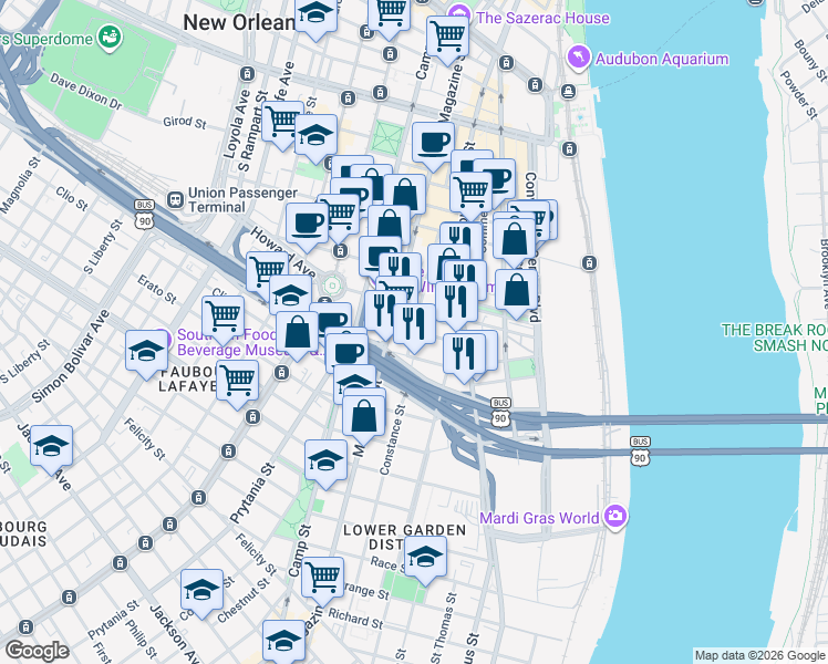 map of restaurants, bars, coffee shops, grocery stores, and more near Constance St & Poeyfarre St in New Orleans