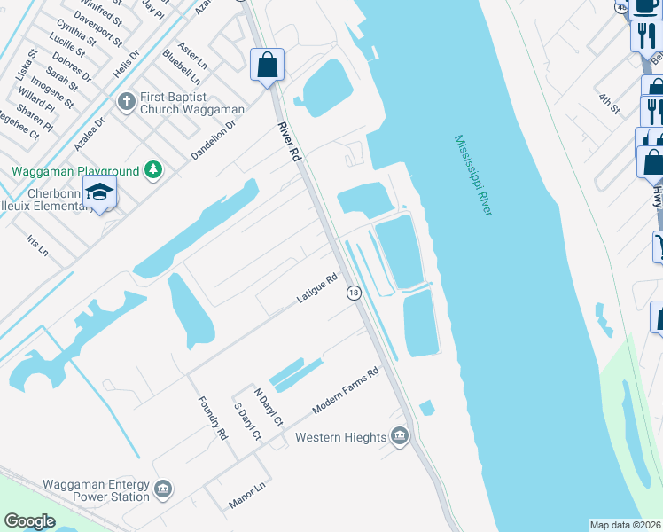 map of restaurants, bars, coffee shops, grocery stores, and more near 8149 River Road in Westwego