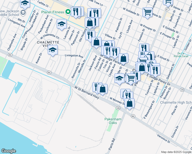 map of restaurants, bars, coffee shops, grocery stores, and more near 2216 Culotta Street in Chalmette