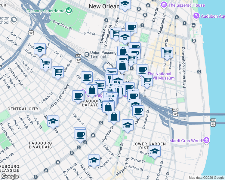 map of restaurants, bars, coffee shops, grocery stores, and more near 1220 Carondelet Street in New Orleans