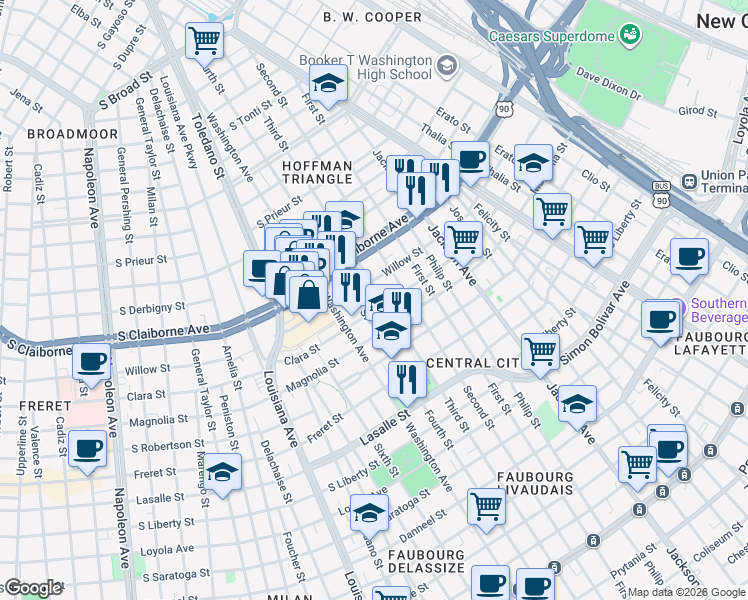 map of restaurants, bars, coffee shops, grocery stores, and more near 2600 Clara Street in New Orleans