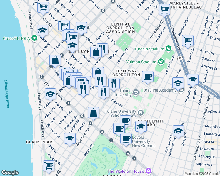 map of restaurants, bars, coffee shops, grocery stores, and more near 7226 Zimple Street in New Orleans