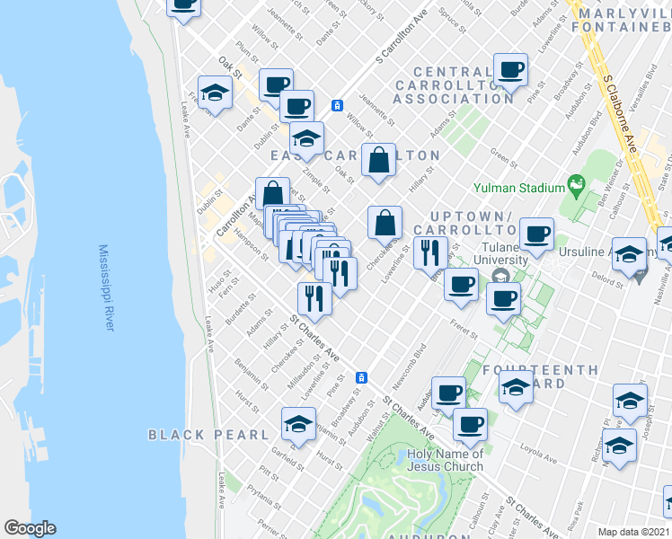 map of restaurants, bars, coffee shops, grocery stores, and more near 7500 Burthe Street in New Orleans