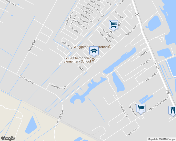 map of restaurants, bars, coffee shops, grocery stores, and more near 725 Dandelion Drive in Westwego