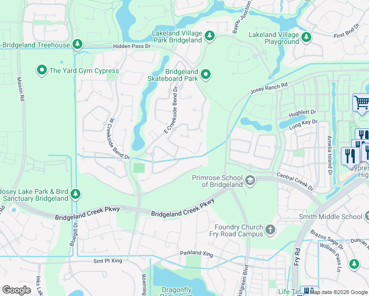 map of restaurants, bars, coffee shops, grocery stores, and more near Trinity Star Drive in Cypress