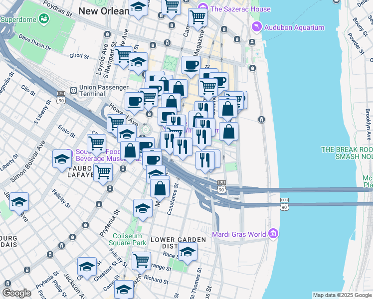 map of restaurants, bars, coffee shops, grocery stores, and more near 927 Poeyfarre Street in New Orleans