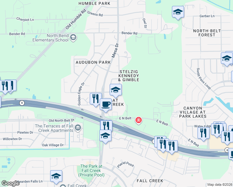 map of restaurants, bars, coffee shops, grocery stores, and more near 8114 Audubon Forest Drive in Humble
