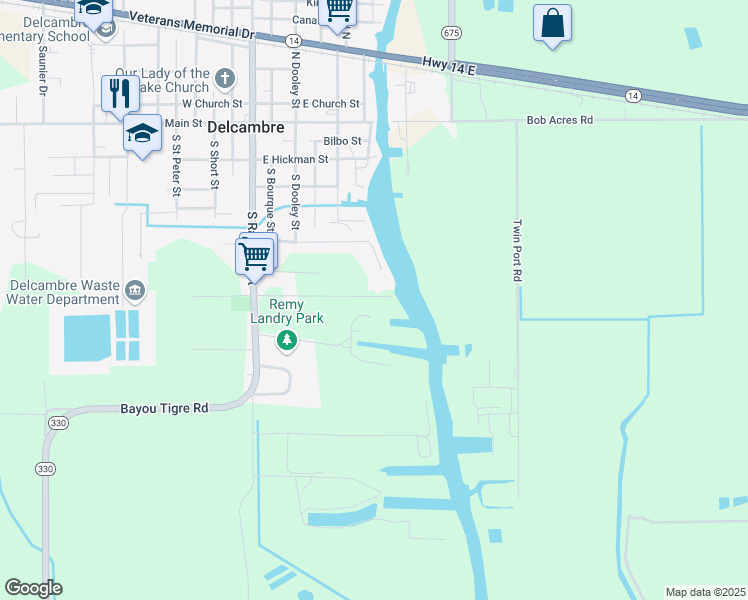 map of restaurants, bars, coffee shops, grocery stores, and more near in Delcambre