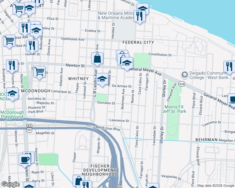 map of restaurants, bars, coffee shops, grocery stores, and more near 1248 Sumner Street in New Orleans