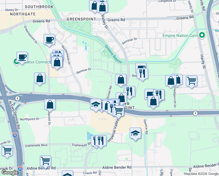 map of restaurants, bars, coffee shops, grocery stores, and more near Ronan Road in Houston