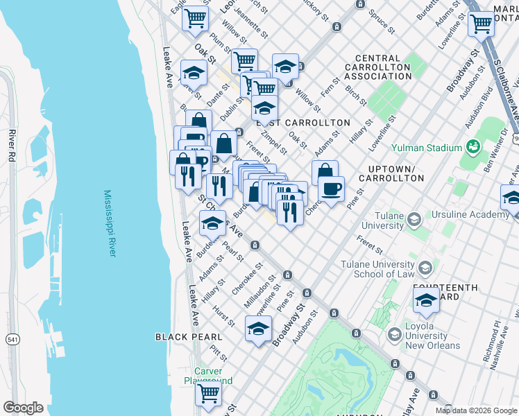 map of restaurants, bars, coffee shops, grocery stores, and more near 7708 Maple Street in New Orleans