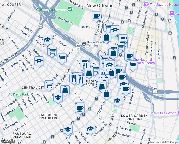 map of restaurants, bars, coffee shops, grocery stores, and more near 1300 Oretha Castle Haley Boulevard in New Orleans