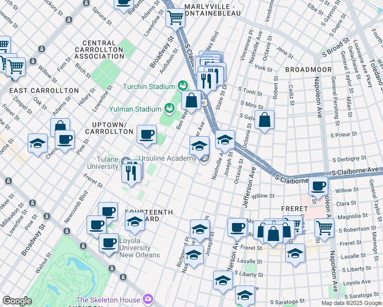 map of restaurants, bars, coffee shops, grocery stores, and more near 2604 Palmer Avenue in New Orleans