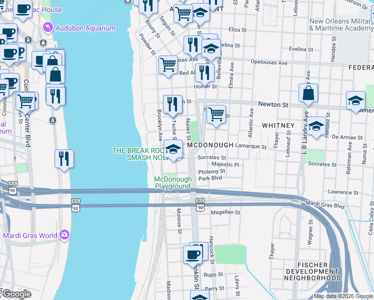 map of restaurants, bars, coffee shops, grocery stores, and more near 1335 Nunez Street in New Orleans