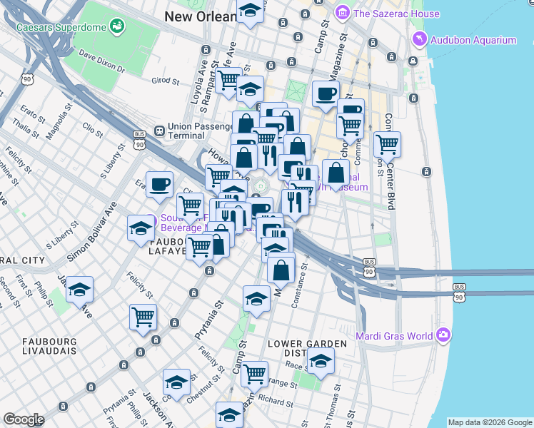 map of restaurants, bars, coffee shops, grocery stores, and more near in New Orleans
