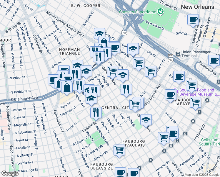 map of restaurants, bars, coffee shops, grocery stores, and more near 2602 Philip Street in New Orleans