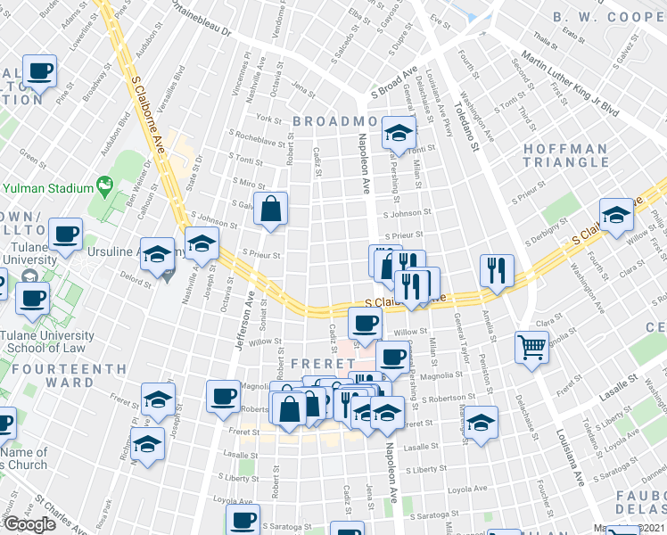 map of restaurants, bars, coffee shops, grocery stores, and more near 4503 South Derbigny Street in New Orleans