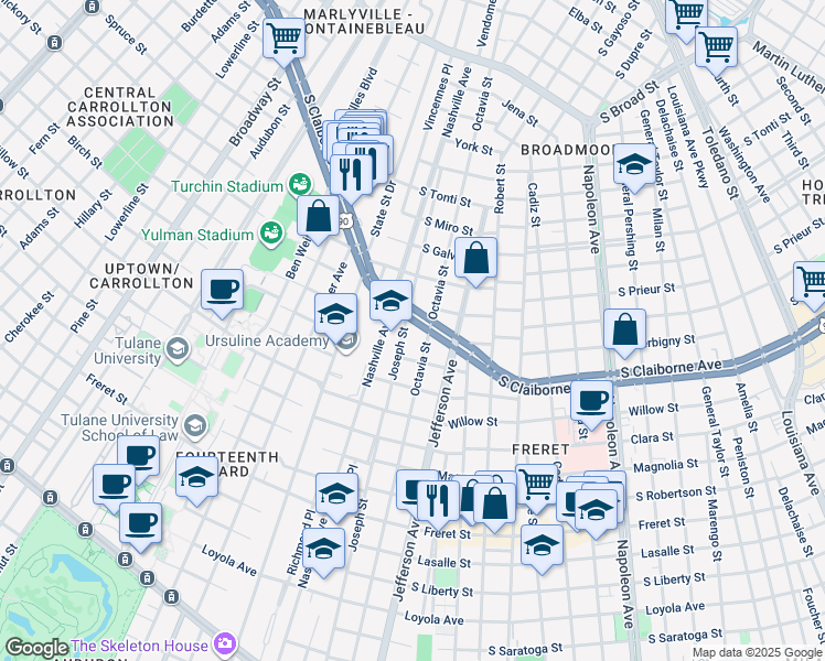 map of restaurants, bars, coffee shops, grocery stores, and more near 2936 Octavia Street in New Orleans