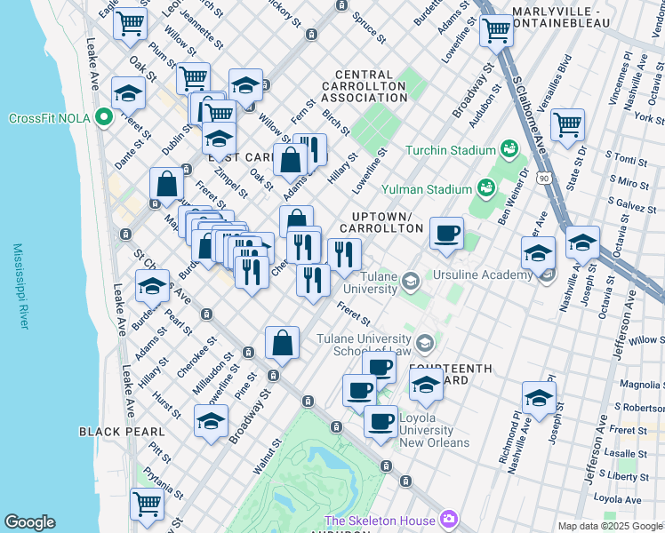 map of restaurants, bars, coffee shops, grocery stores, and more near 7226 Zimple Street in New Orleans