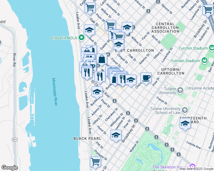 map of restaurants, bars, coffee shops, grocery stores, and more near 7811 Saint Charles Avenue in New Orleans