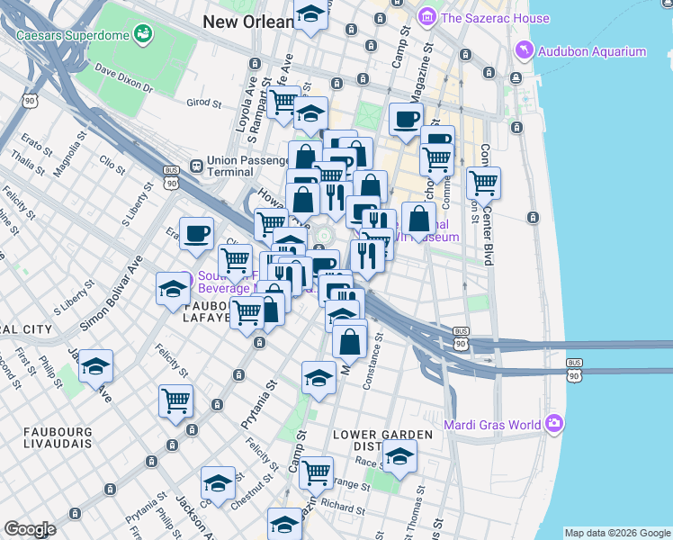 map of restaurants, bars, coffee shops, grocery stores, and more near 1061 Camp Street in New Orleans