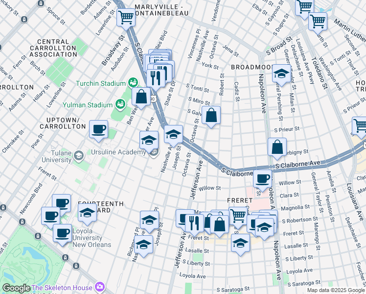 map of restaurants, bars, coffee shops, grocery stores, and more near 2936 Octavia Street in New Orleans