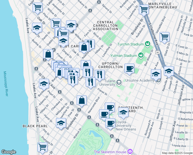 map of restaurants, bars, coffee shops, grocery stores, and more near 7226 Zimple Street in New Orleans