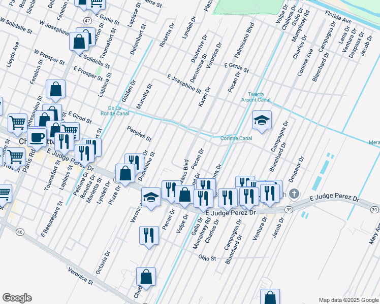 map of restaurants, bars, coffee shops, grocery stores, and more near Palmisano Boulevard in Chalmette