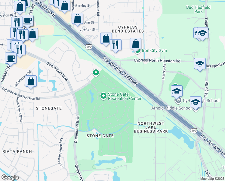 map of restaurants, bars, coffee shops, grocery stores, and more near 11527 Ocotillo Drive in Houston