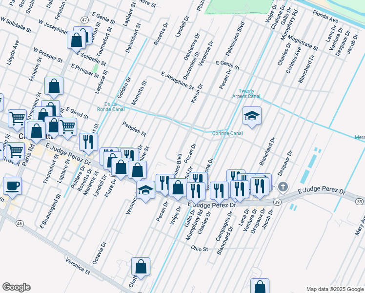 map of restaurants, bars, coffee shops, grocery stores, and more near Palmisano Boulevard in Chalmette