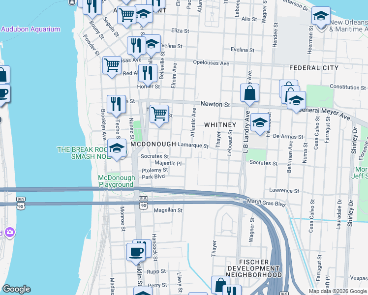 map of restaurants, bars, coffee shops, grocery stores, and more near 1334 Pacific Avenue in New Orleans