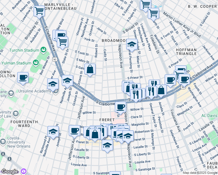 map of restaurants, bars, coffee shops, grocery stores, and more near 3113 Upperline Street in New Orleans
