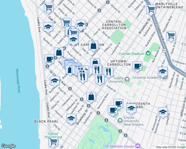 map of restaurants, bars, coffee shops, grocery stores, and more near in New Orleans