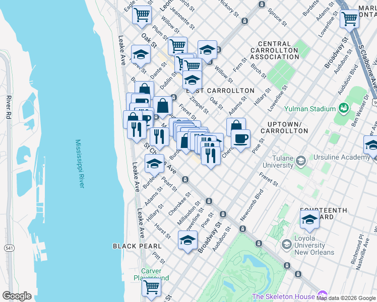 map of restaurants, bars, coffee shops, grocery stores, and more near 7719 Hampson Street in New Orleans
