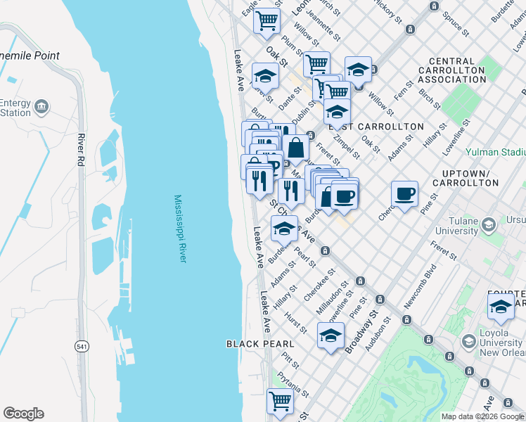 map of restaurants, bars, coffee shops, grocery stores, and more near 501 Huso Street in New Orleans