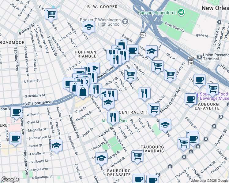 map of restaurants, bars, coffee shops, grocery stores, and more near 2424 Magnolia Street in New Orleans