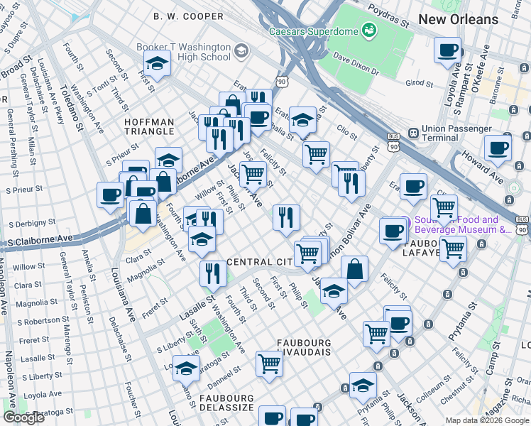 map of restaurants, bars, coffee shops, grocery stores, and more near 2203 South Robertson Street in New Orleans