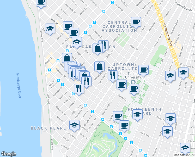 map of restaurants, bars, coffee shops, grocery stores, and more near in New Orleans