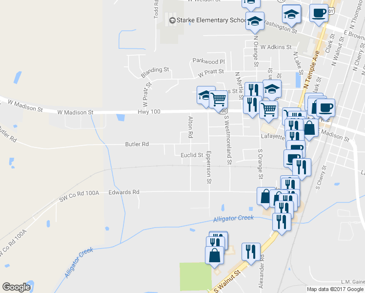 map of restaurants, bars, coffee shops, grocery stores, and more near 1012 Butler Road in Starke