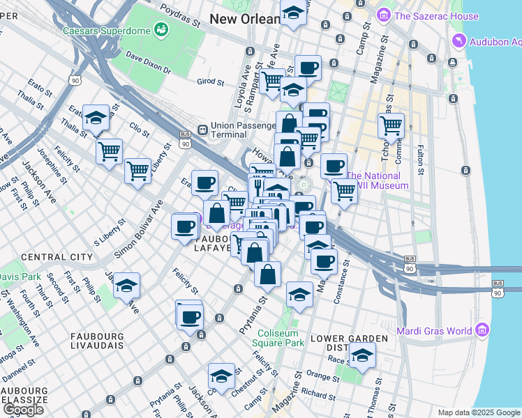 map of restaurants, bars, coffee shops, grocery stores, and more near Carondelet St & Clio St in New Orleans