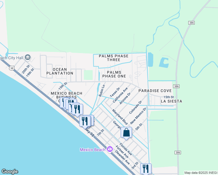 map of restaurants, bars, coffee shops, grocery stores, and more near 413 Texas Drive in Mexico Beach