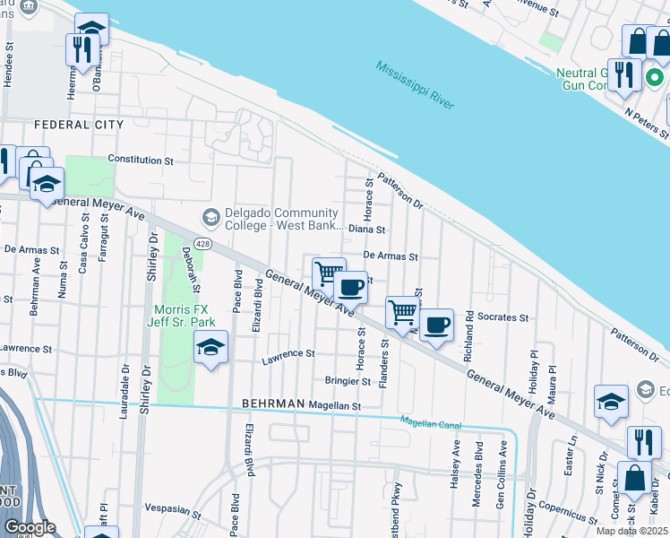 map of restaurants, bars, coffee shops, grocery stores, and more near 1225 Odeon Avenue in New Orleans