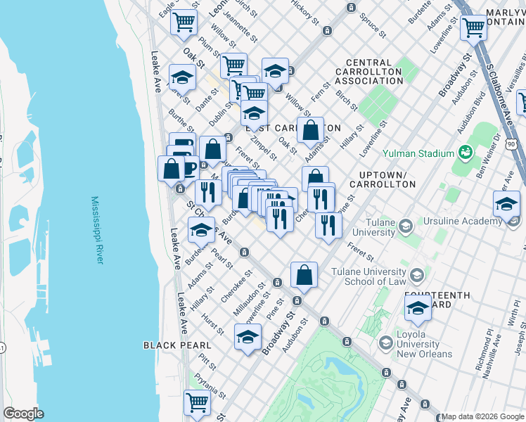 map of restaurants, bars, coffee shops, grocery stores, and more near 7611 Maple Street in New Orleans
