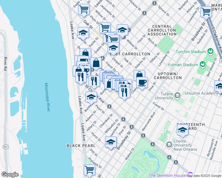 map of restaurants, bars, coffee shops, grocery stores, and more near 7719 Hampson Street in New Orleans
